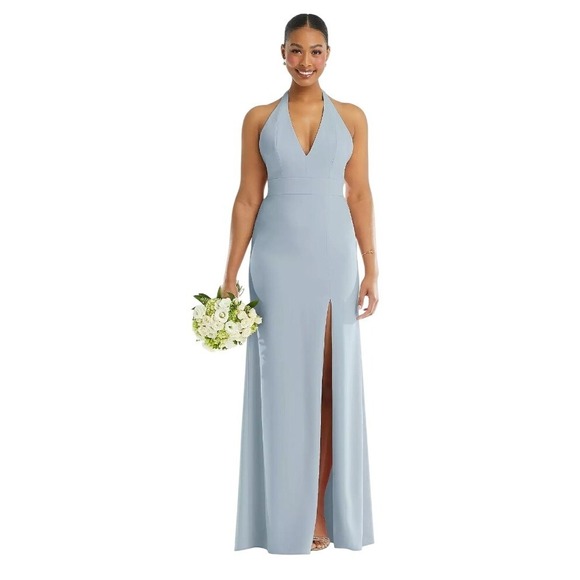 Thread Bridesmaid Plunge Neck Halter Backless Trumpet Gown Mist Blue Size 4 - Picture 1 of 15